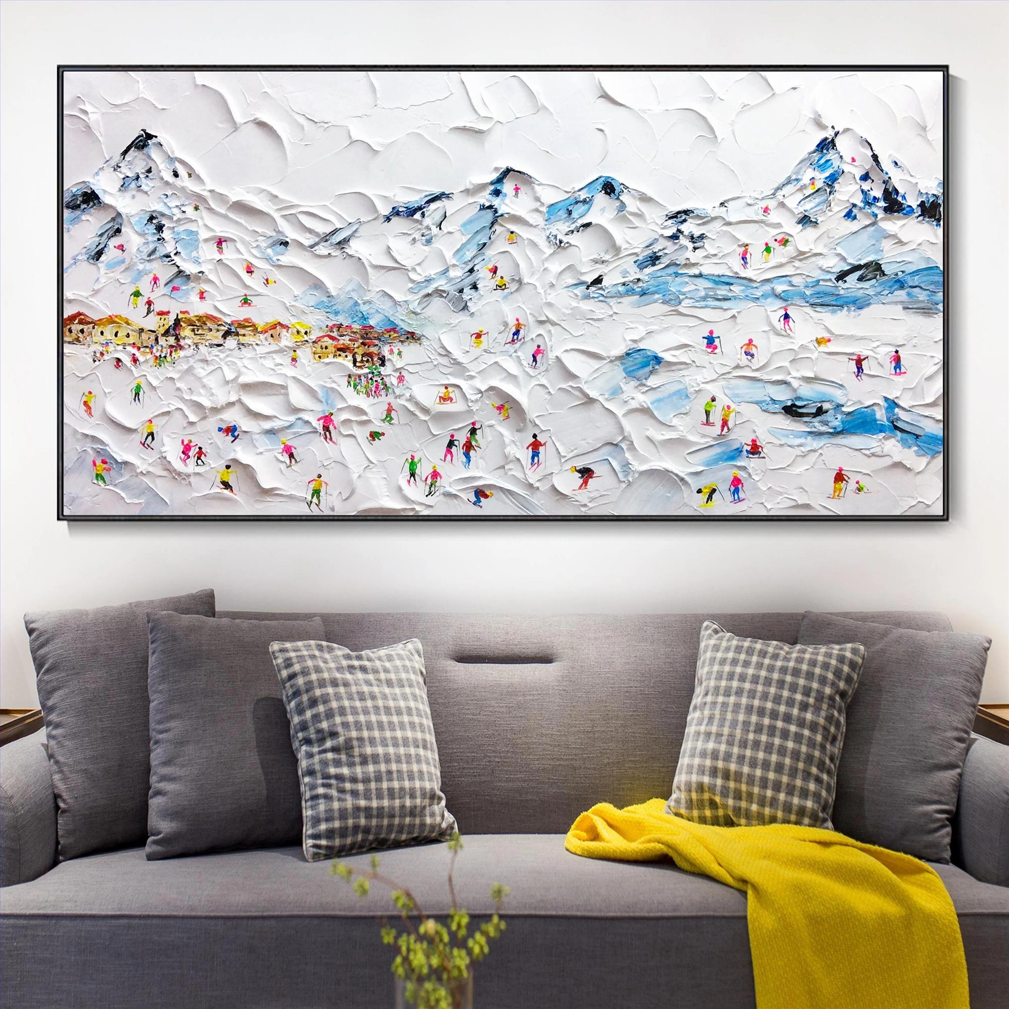 Skier on Snowy Mountain Wall Art Sport White Snow Skiing Room Decor by Knife 17 Oil Paintings
